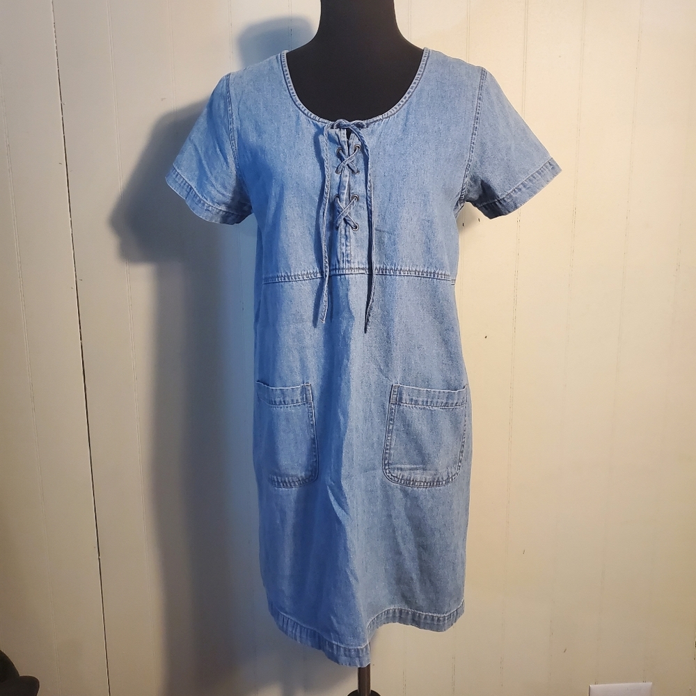 Vintage Y2K C.B. Casuals Denim Smock Lace Up Mini Dress